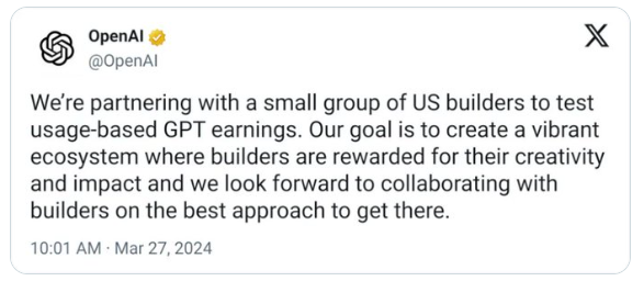 OpenAI即将推出GPTs使用量分成机制,开发者群体沸腾