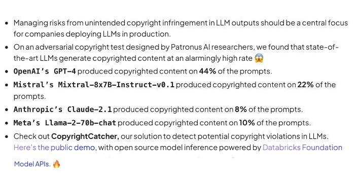 Patronus AI推出CopyrightCatcher API,可有效检测AI模型中的版权内容
