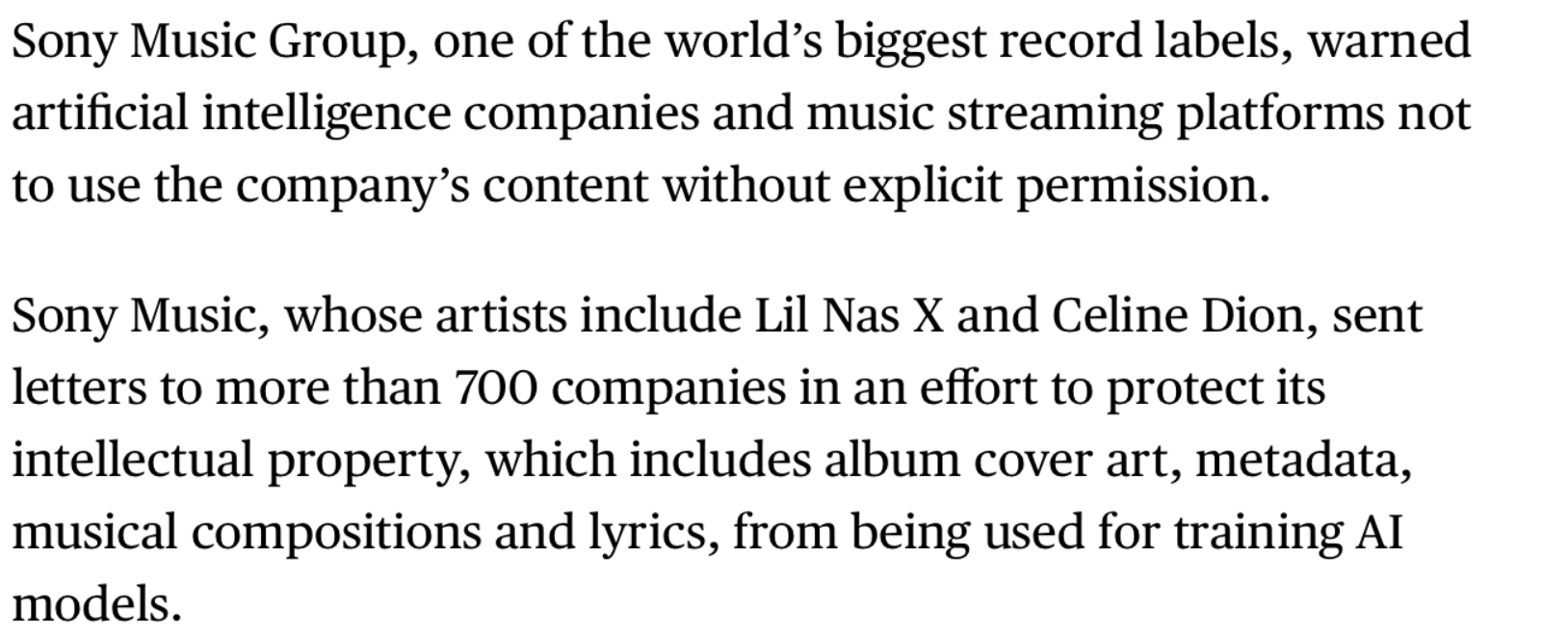 索尼音乐集团严正警告AI公司:禁止未经授权使用其资产进行模型训练