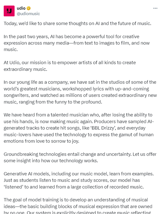 Udio回应唱片巨头版权诉讼:坚称AI模型不复制受版权保护作品