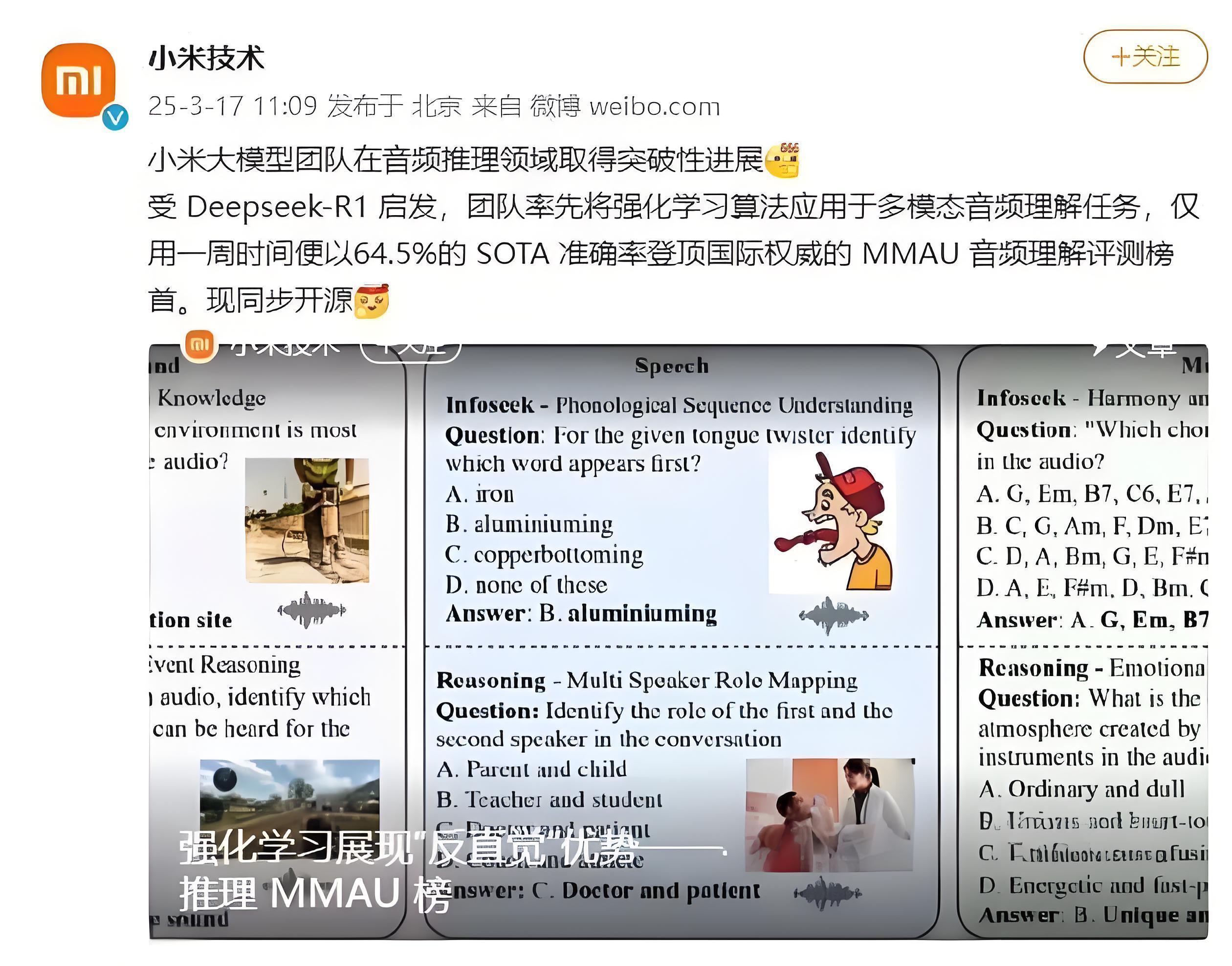 小米大模型团队突破音频推理极限,受DeepSeek-R1启发登顶MMAU榜单